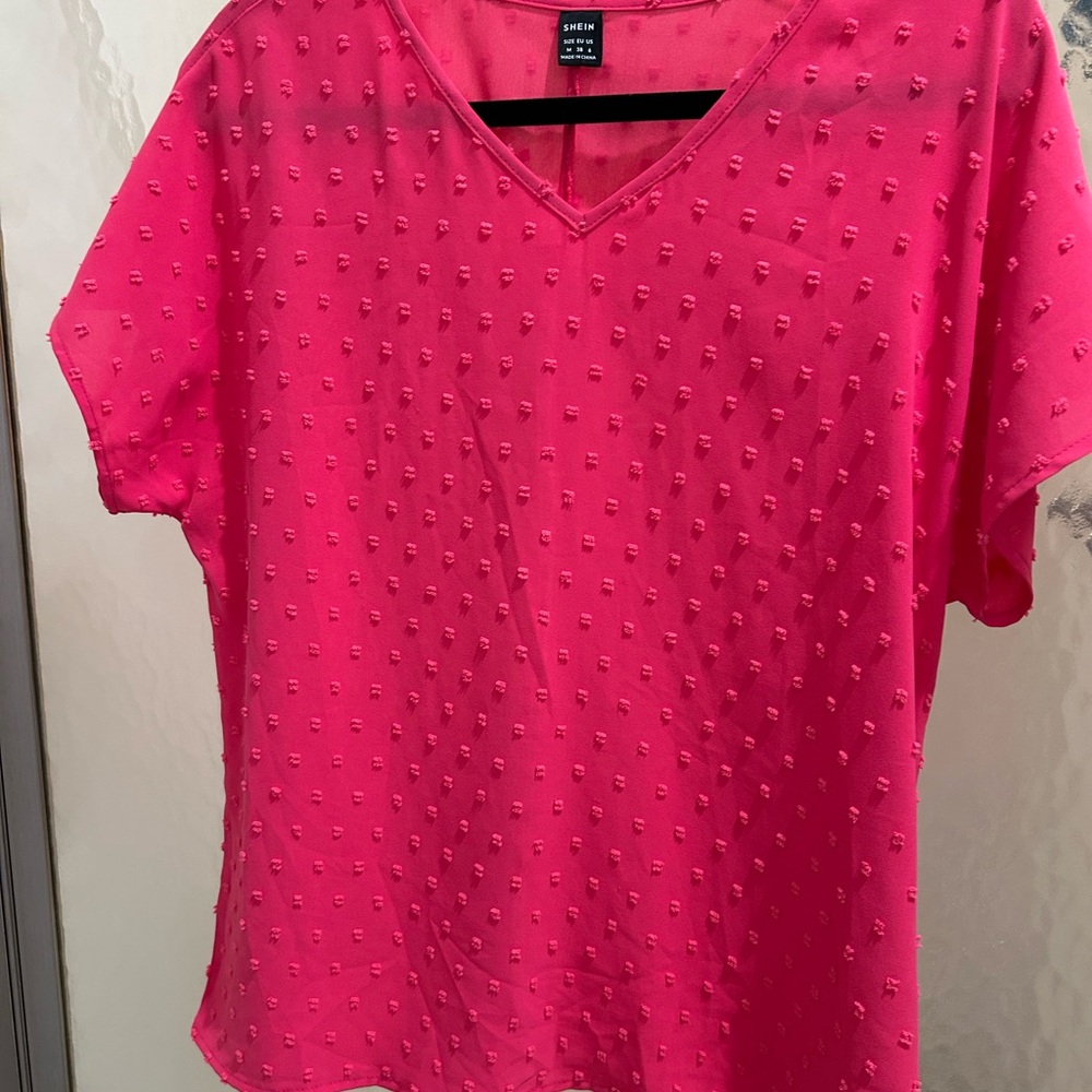 SHEIN Hot Pink Textured V-Neck Blouse